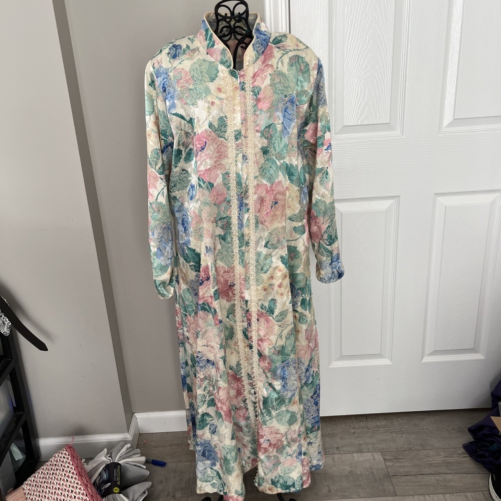 Vintage David Brown‎  Floral Maxi Dress Lace-Trim Zip-Up Multicolor